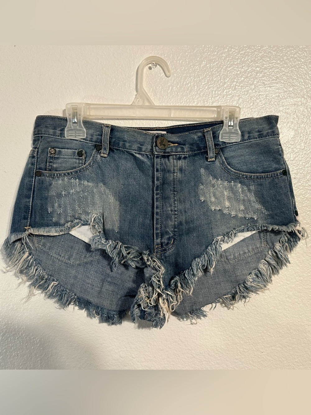 One Teaspoon Blue Distressed Frayed Denim Shorts
